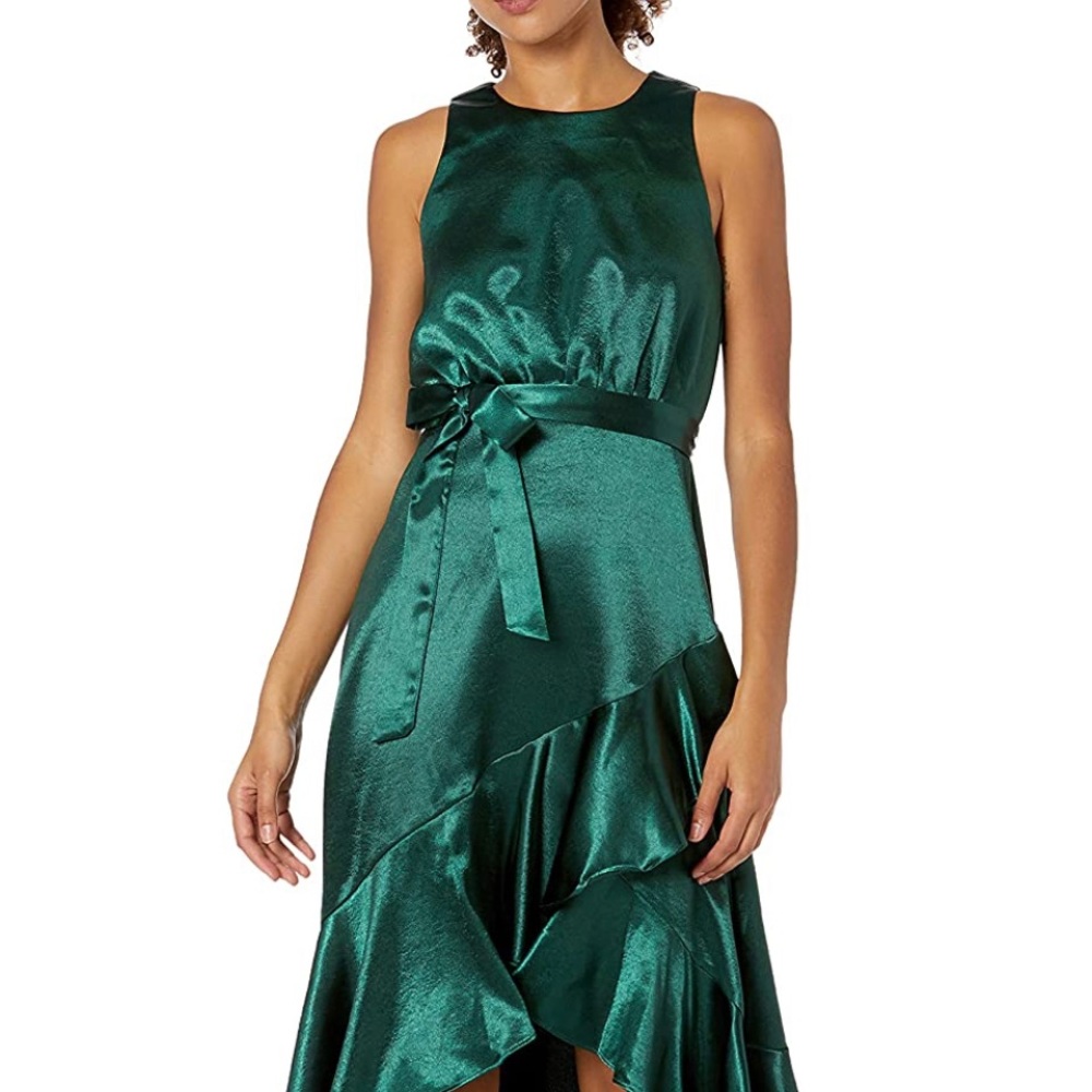 Taylor satin dress. NWT. Rich green color and feminine ruffle hem. Size 10.